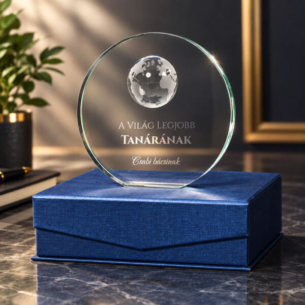 3D thin gravírozott, földgömbös üvegplakett tanároknak