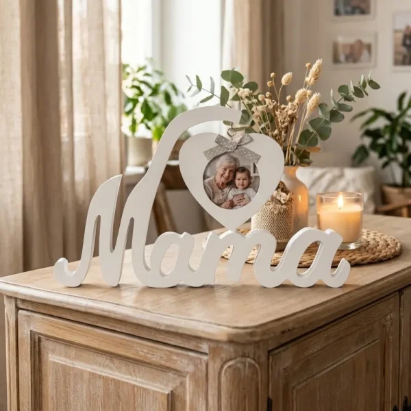 Fa asztali dísz szív alakú képkerettel, mama felirattal